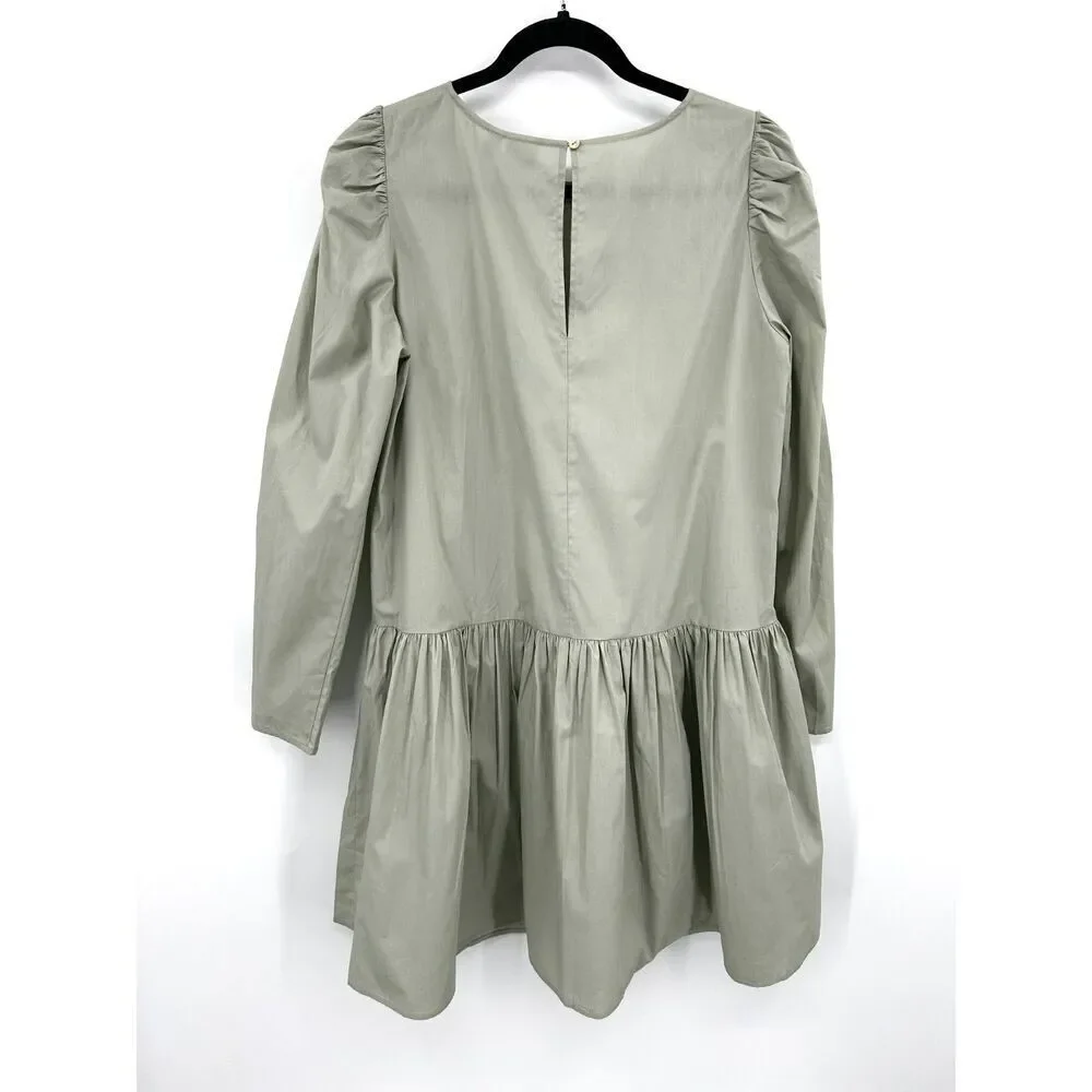 ICHI Pale Sage Green Crepe Puff Sleeve Oversized Pleated Short Dress Size Small